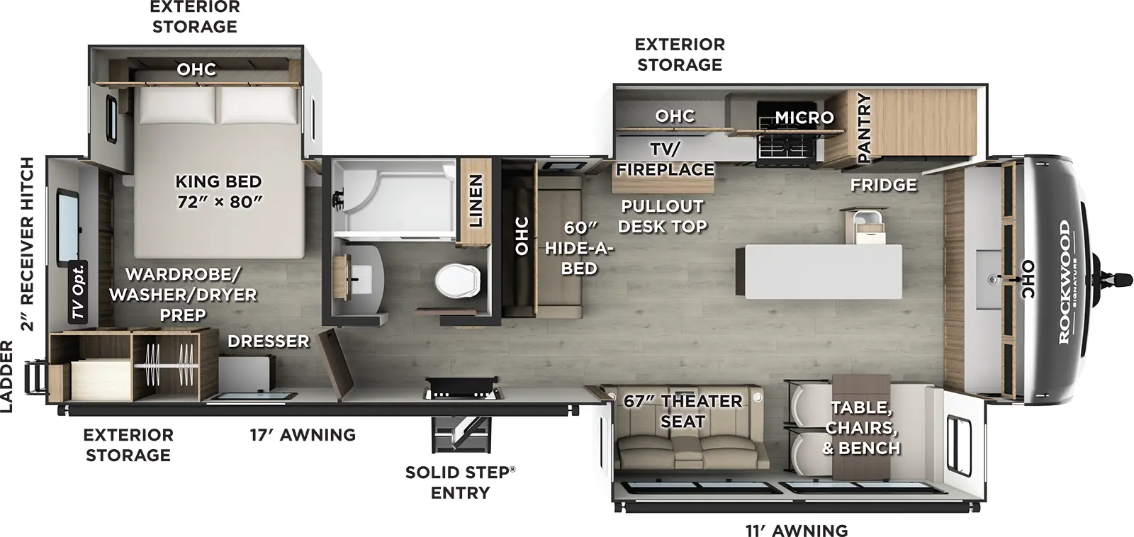 The Rockwood Signature Travel Trailers 8339FK floorplan has one entry and three slide outs. Exterior features include: fiberglass exterior and 17' & 11' awning. Interiors features include: front kitchen, kitchen island and rear bedroom.